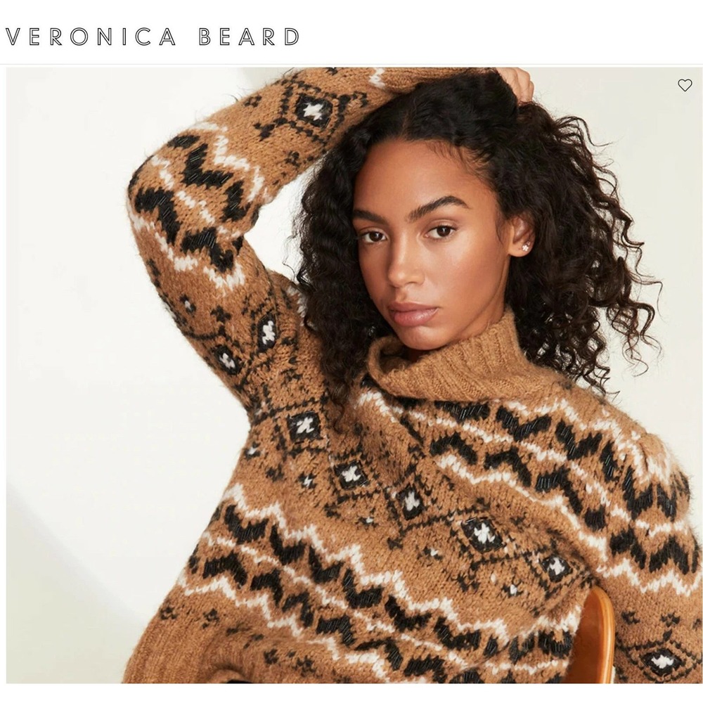 Veronica Beard Sweater Womens M Brown Fair Isle Beaded Mock Neck Alpaca Wool